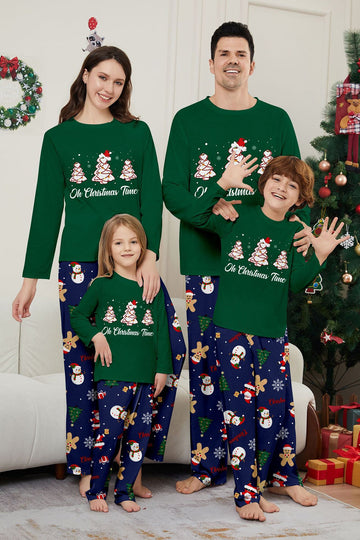 Pijamas de Navidad a juego de manga larga con estampado de árbol verde azul